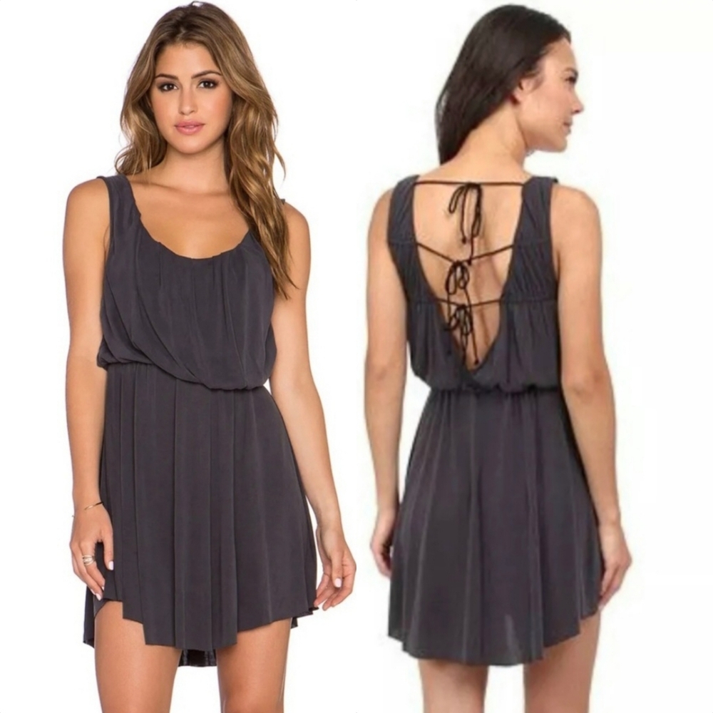 Free People charcoal new cupro true as love open tie back flowy mini dress L-1X